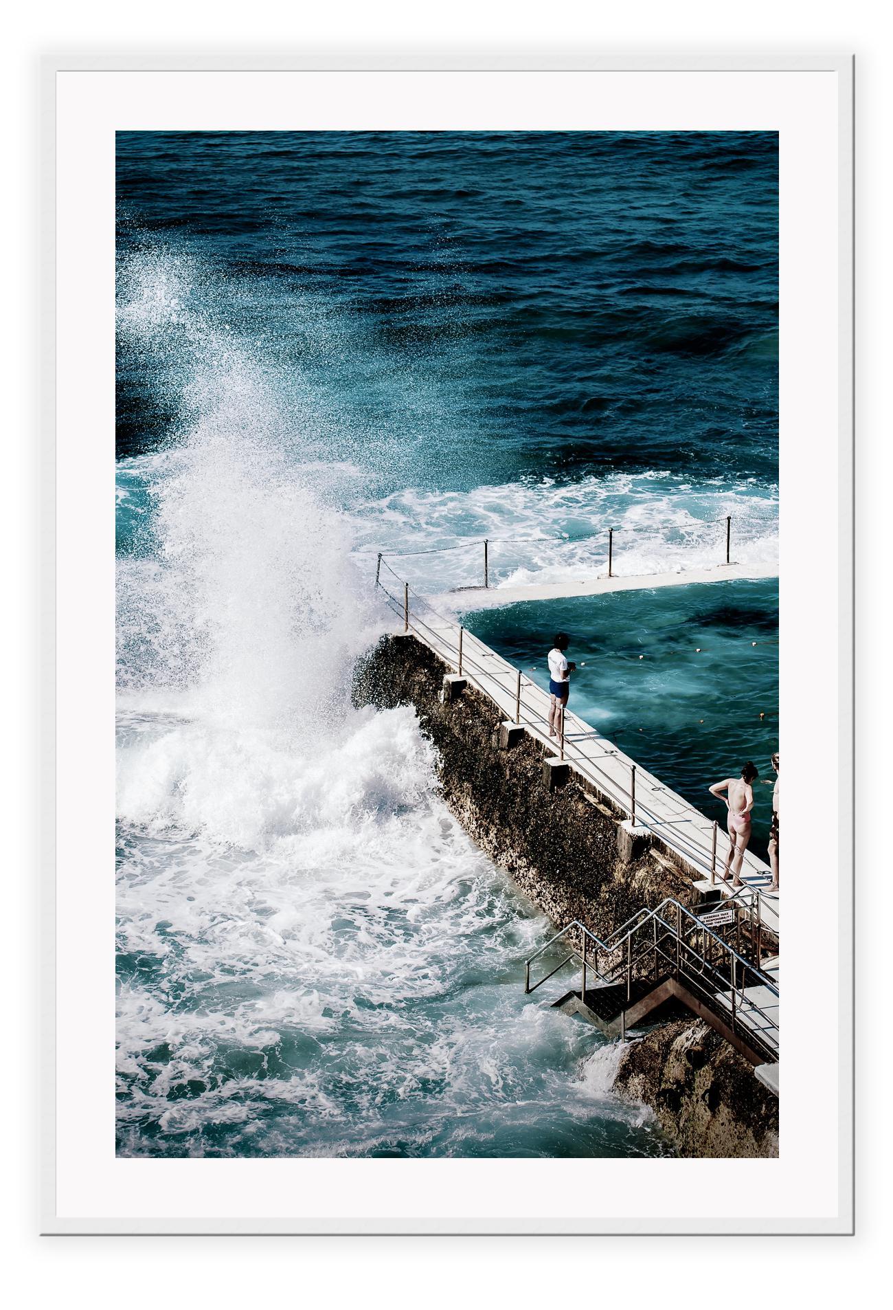 Sydney beach water ocean print with blue white wash waves splashing on pool vintage coast